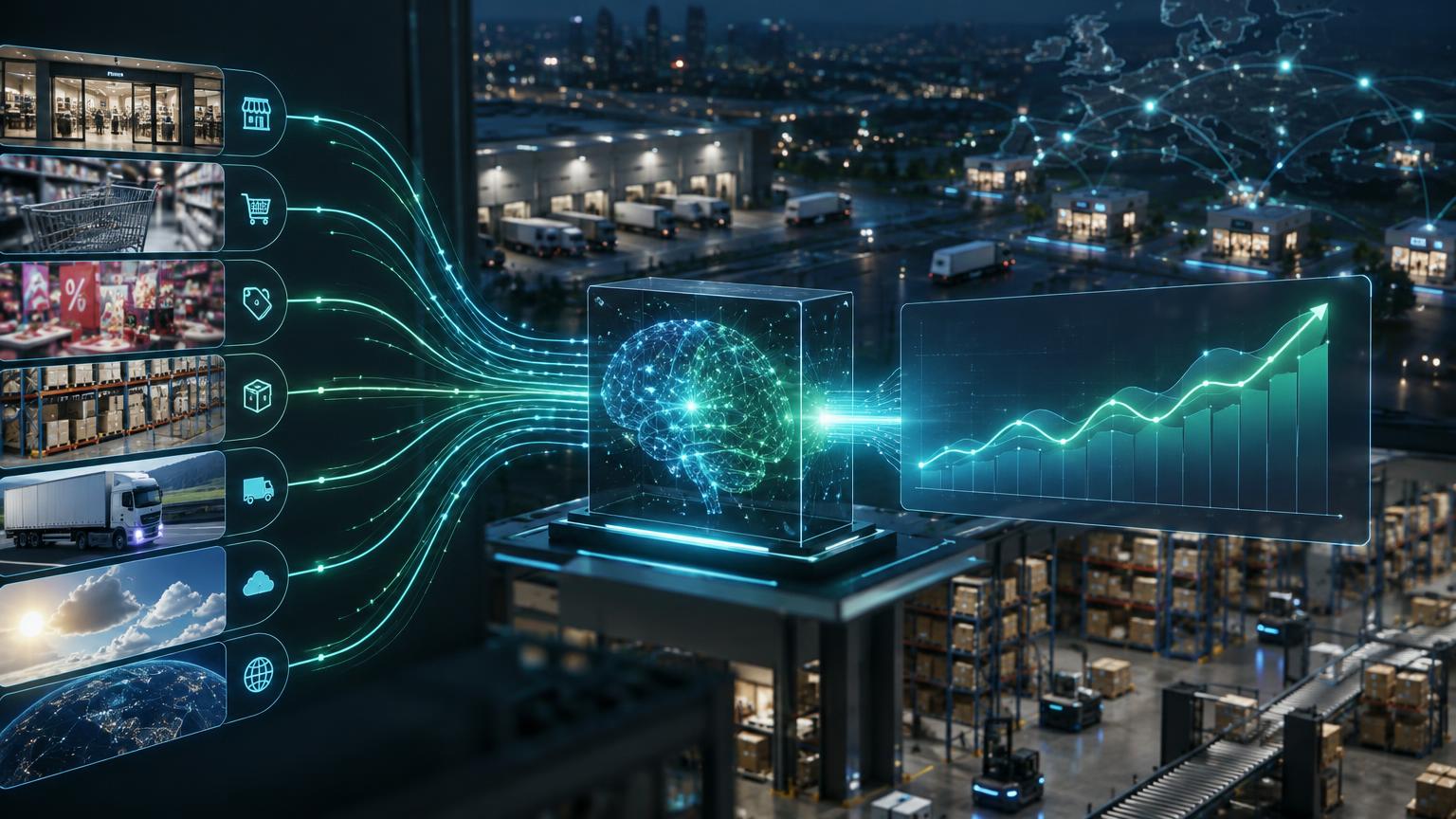 Data signals from stores, sales, promotions, inventory, logistics and external factors flowing into an AI forecasting engine and emerging as a future demand curve, with a connected distribution center and replenishment network in the background