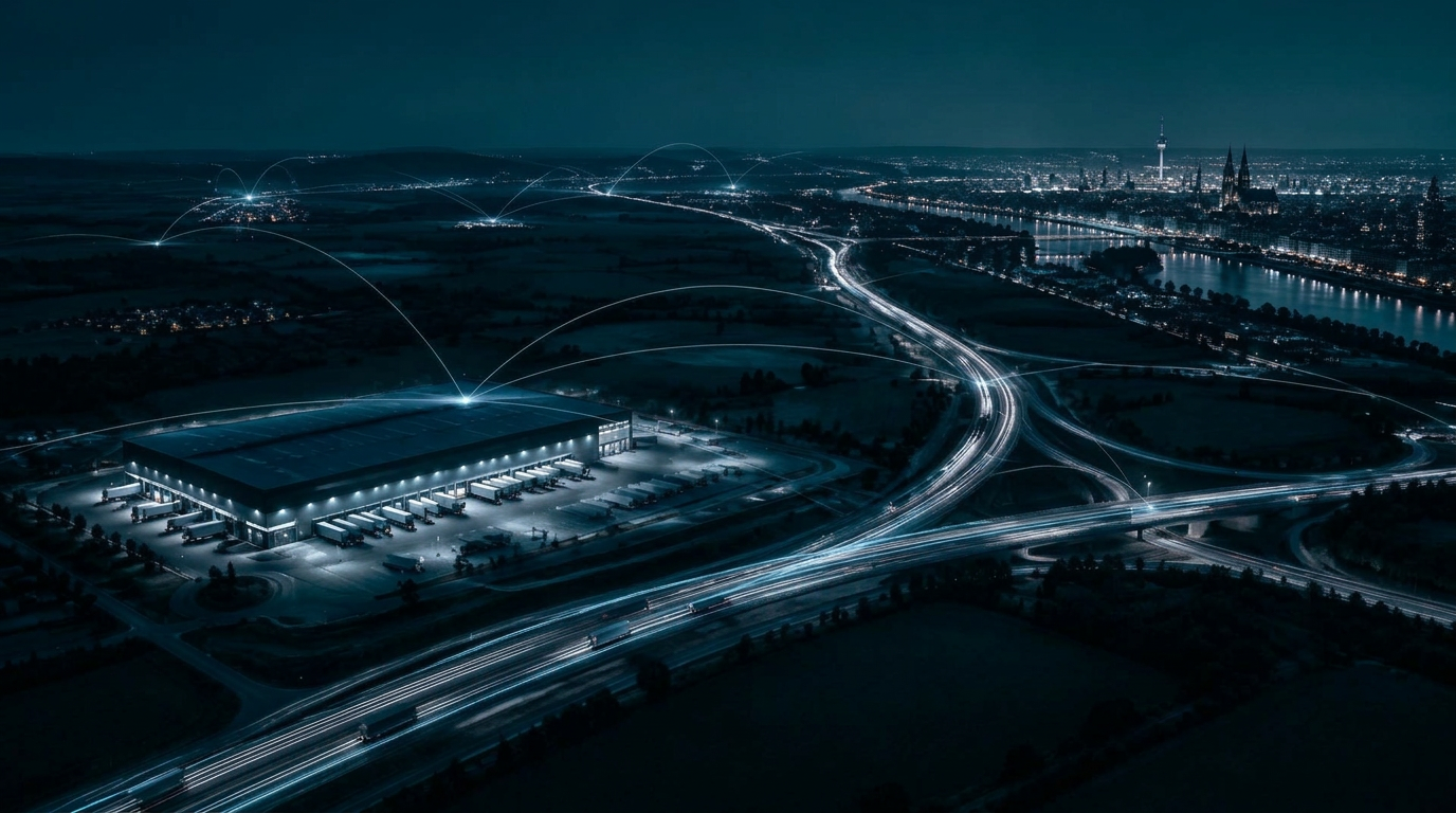 Night aerial view of a logistics network with light paths connecting a distribution center and city