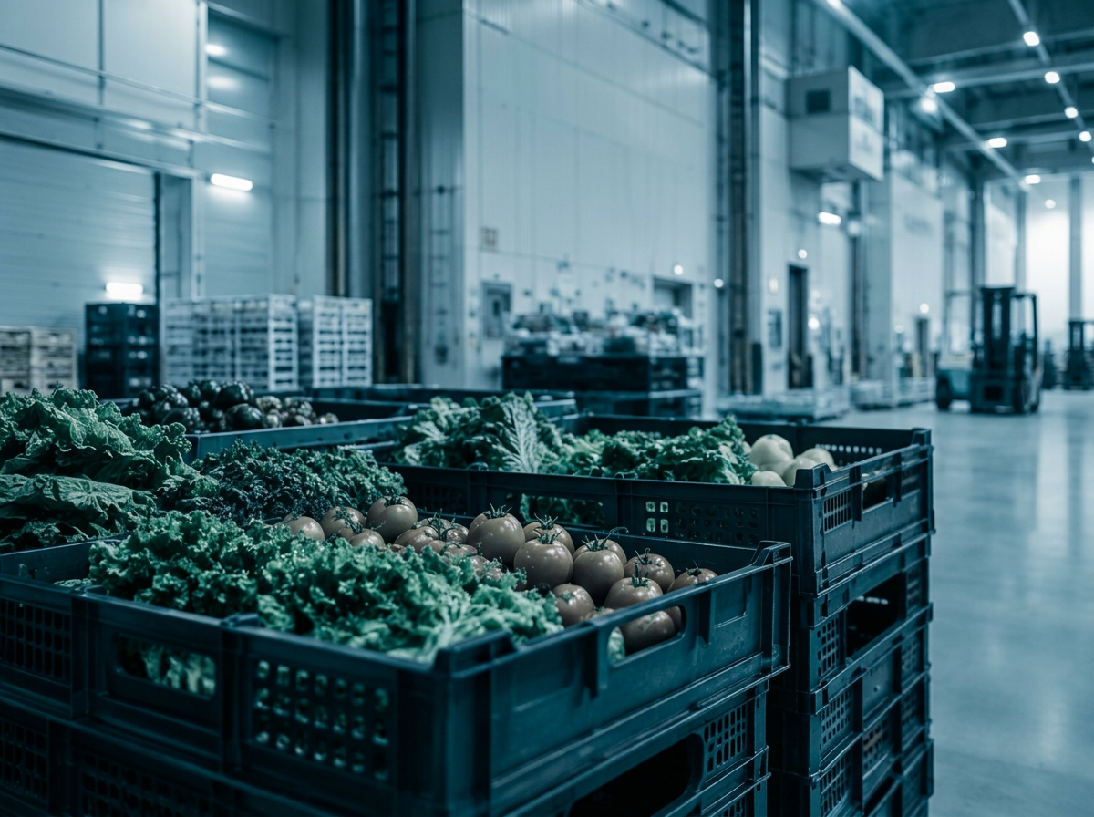 Fresh produce crates in a cold-chain hub