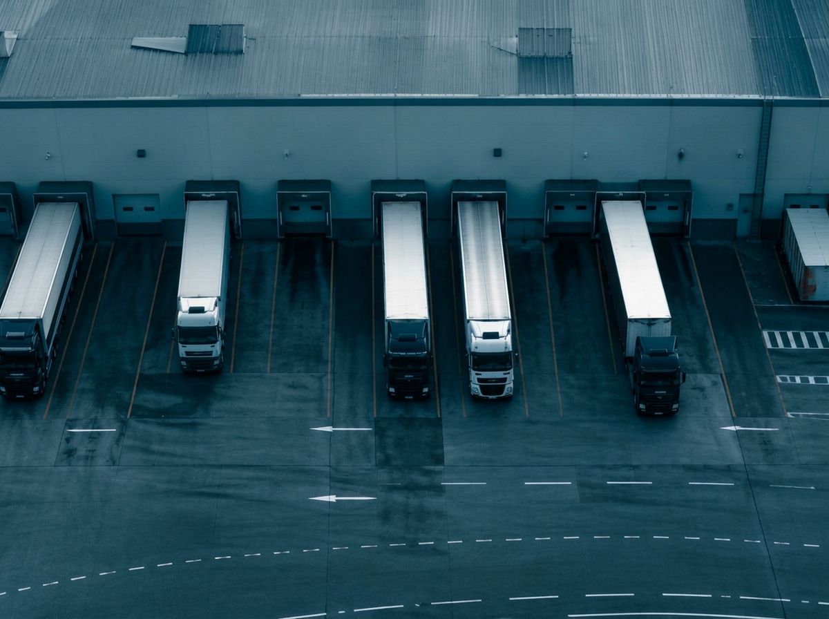 Aerial view of trucks at logistics loading docks