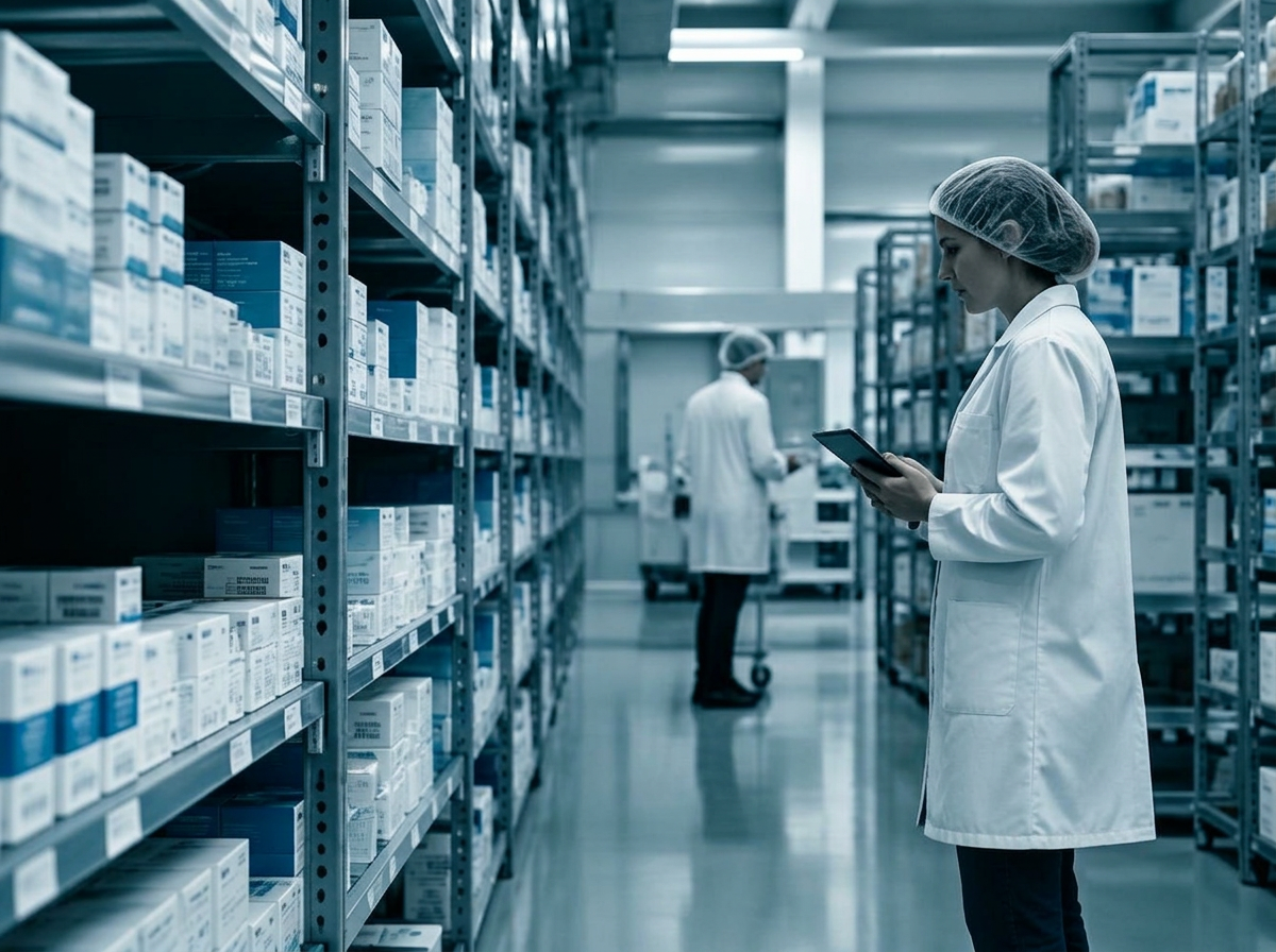 Pharmaceutical warehouse with medicine on shelves